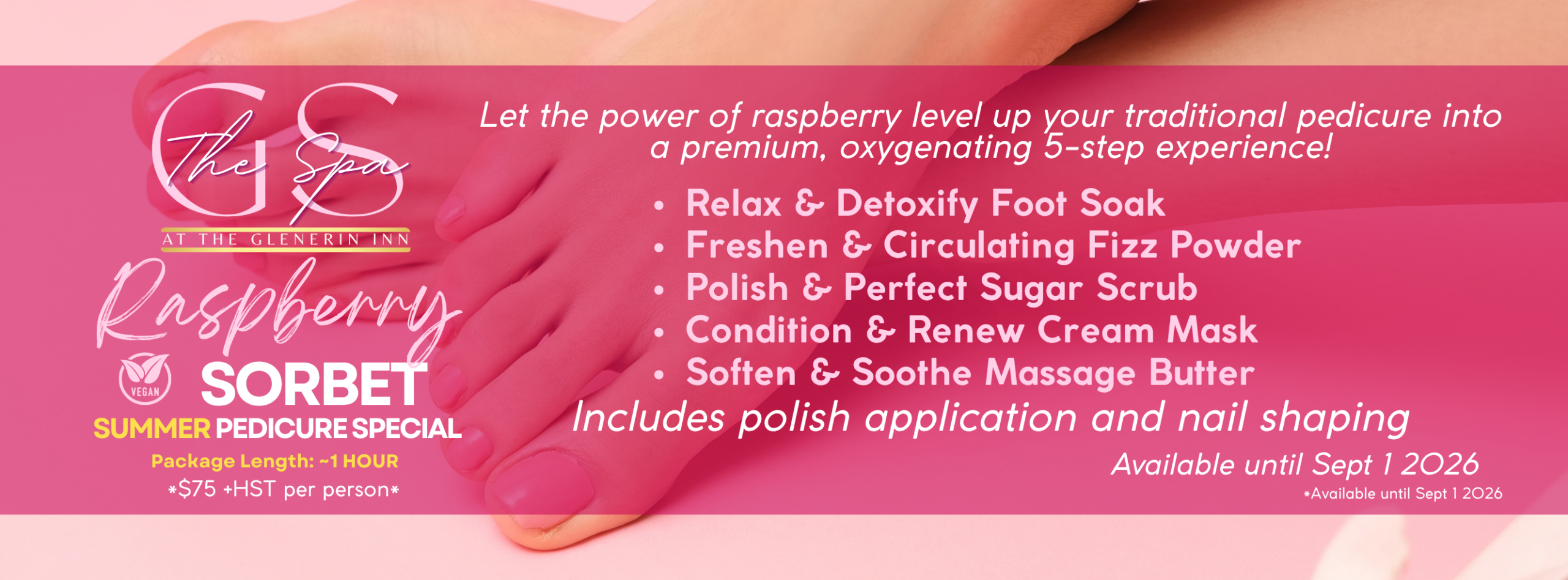 Clean pedicured feet with pink raspberry nail polish